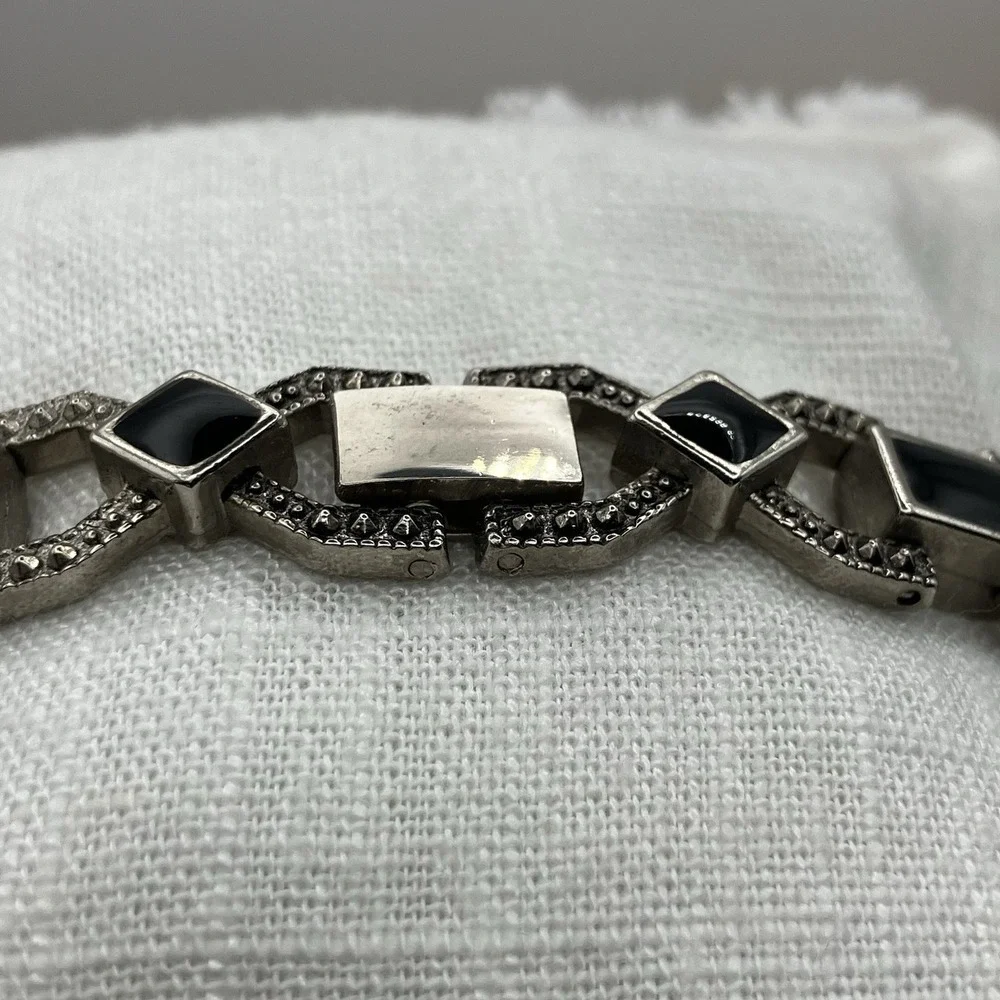 Vtg Silver Tone Art Deco Black Enamel Faux Marcasite Bracelet Great Gatsby Glam
